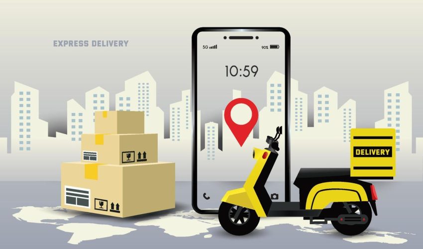 delivery-package-by-motorcycle-on-a-mobile-phone-the-location-pinpoint-is-on-the-smartphone-design-for-illustration-transportation-banner-background-website-app-boxes-placed-on-the-floor-vector